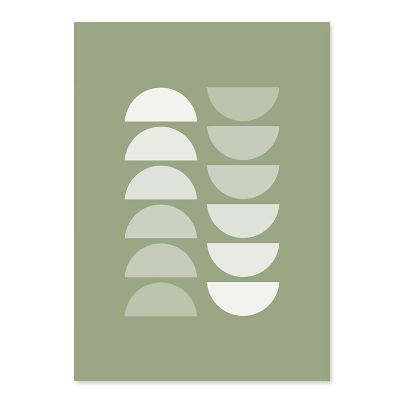 Minimalistisches Boho-Poster mit harmonischen farbigen Halbmonden auf grünem Hintergrund, perfekt für kreative Wohnräume, von justgoodmood, Poster Blätter Boho Geometrische Formen Grün.