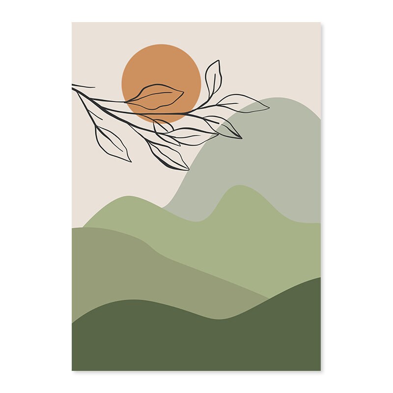 Wunderschönes Boho-Poster mit geometrischen Formen in sanften Grüntönen, ideal für Wohnzimmer oder Schlafzimmer, von justgoodmood, Poster Blätter Boho Geometrische Formen Grün.