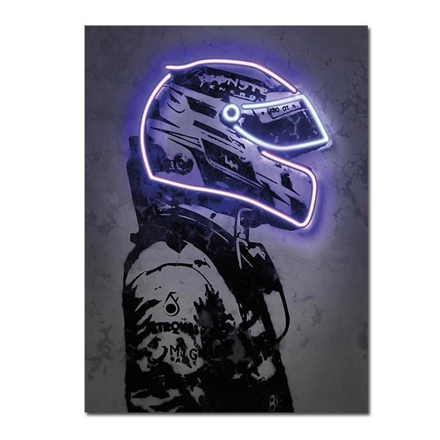 Poster Formula 1 racing driver with neon helmet as a decorative print without a frame