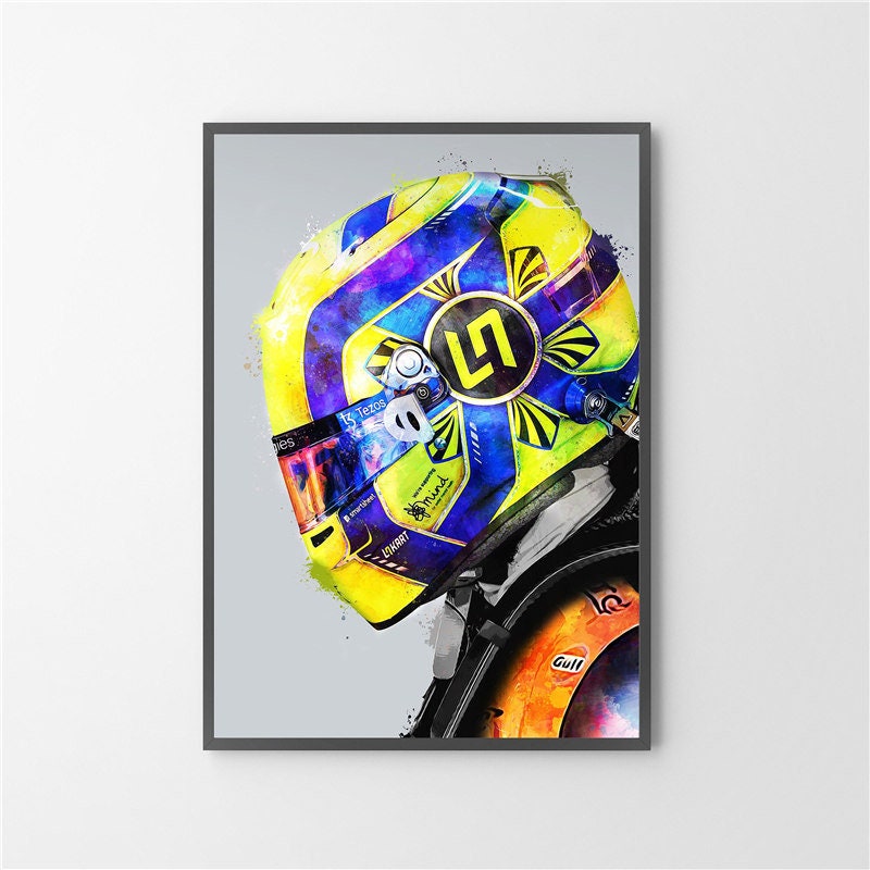 Lebhaftes Poster eines Formel 1 Rennfahrerhelms in strahlenden Farben von JustGoodMood. Ein tolles Dekoelement für jedes Zuhause!