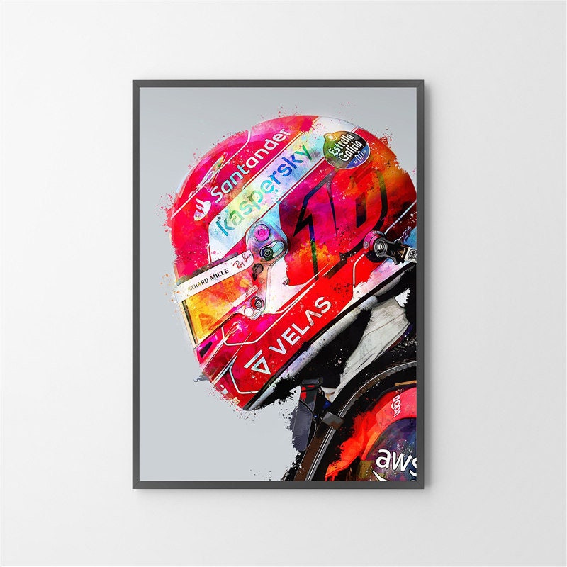 Farbenfrohes Poster eines Formel 1 Rennfahrerhelms von JustGoodMood. Perfekt für Motorsport-Fans und als Deko Print ohne Rahmen.