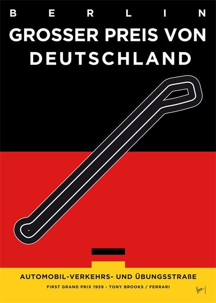 Poster Formel 1 Rennstrecke Großer Preis von Deutschland, entworfen von justgoodmood, zeigt die charakteristische Strecke und die deutschen Farben.