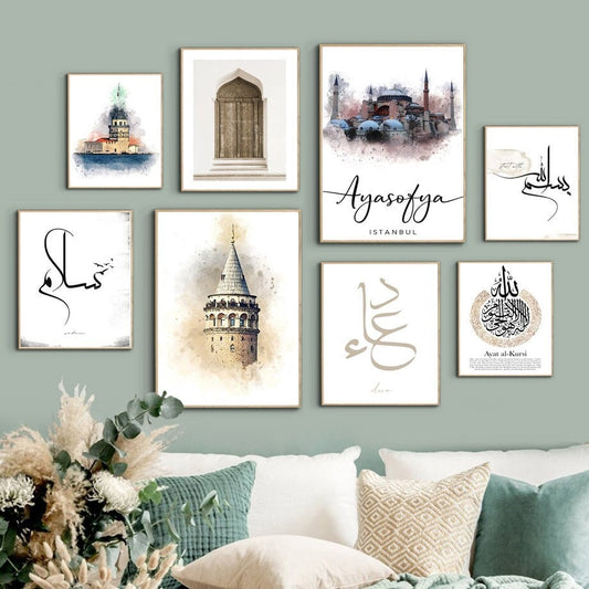 Dekoratives Poster "Islam Kaaba Ayasofia" von justgoodmood, das eine schöne Zusammenstellung von Wandbildern zeigt, ideal für Wohnzimmer und Schlafzimmer.