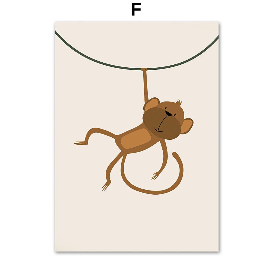 Safari Abenteuer Affe Poster von justgoodmood mit einem niedlichen schwingenden Affen, ideal für verspielte Dekoration im Spielzimmer.