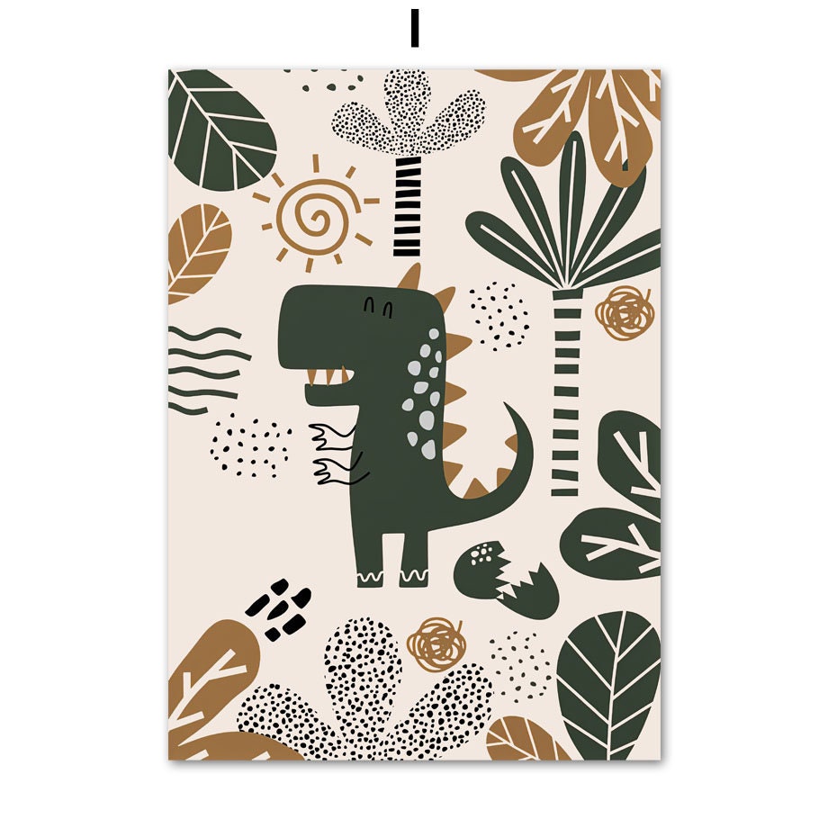 Farbenfrohes Poster mit einem lustigen Dinosaurier und Pflanzenmotiven für das Kinderzimmer, ideal für kreative Wandgestaltung. Perfekt für Spielezimmer Dekoration von justgoodmood.