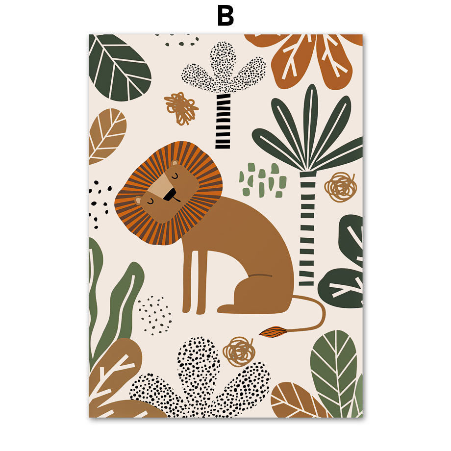 Niedliches Löwenposter von justgoodmood: Ein schlafender Löwe umgeben von farbenfrohen Dschungelpflanzen, aus der Serie "Safari Abenteuer Löwe Giraffe".