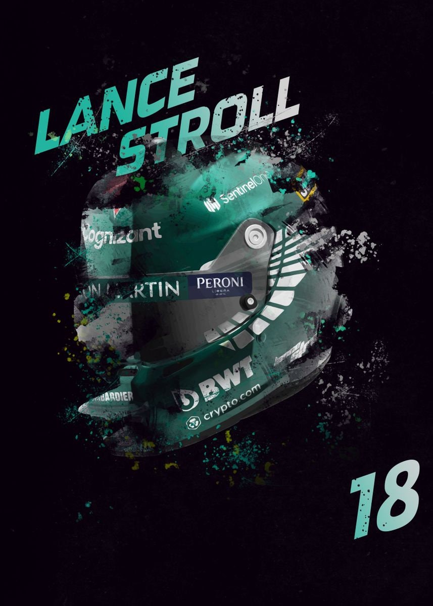 Ein stylisches Formel 1 Poster von Lance Stroll mit seiner Fahrernummer 18 in lebendigen Farben, ideal für Motorsport-Fans. Erstklassige Dekoration für dein Zuhause von justgoodmood.