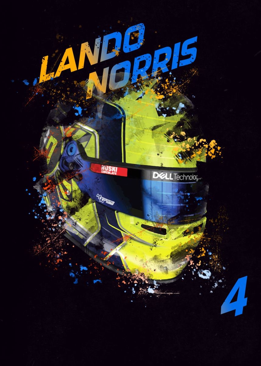 Ein aufregendes Formel 1 Poster von Lando Norris mit der Fahrernummer 4, leuchtende Farben und dynamische Gestaltung, perfekt für dein Wohn- oder Arbeitszimmer. Ein cooles Kunstwerk von justgoodmood.