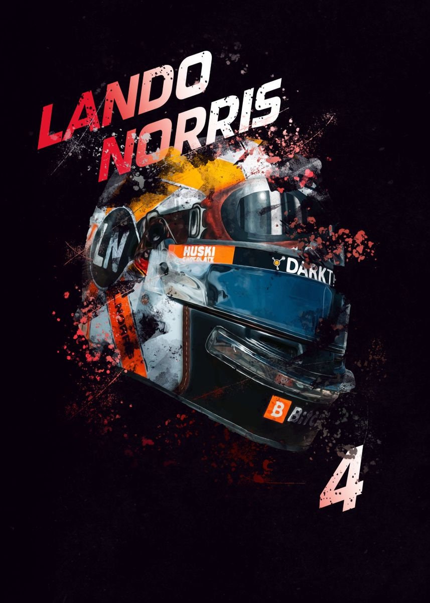 Ein kreatives Formel 1 Poster von Lando Norris, Fahrernummer 4, mit energiegeladenem Design und intensiven Farben. Eine tolle Wanddekoration von justgoodmood, die Motorsport-Begeisterte anzieht.