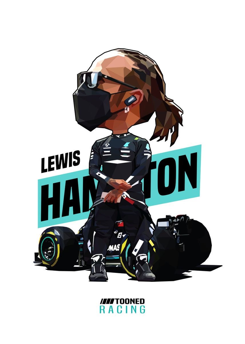 Humorvolle Karikatur von Lewis Hamilton in Rennanzug mit Maske, neben seinem Formel 1 Auto. Poster Formel 1 Rennfahrer Rennwagen Lewis Hamilton I Deko Print ohne Rahmen von justgoodmood.