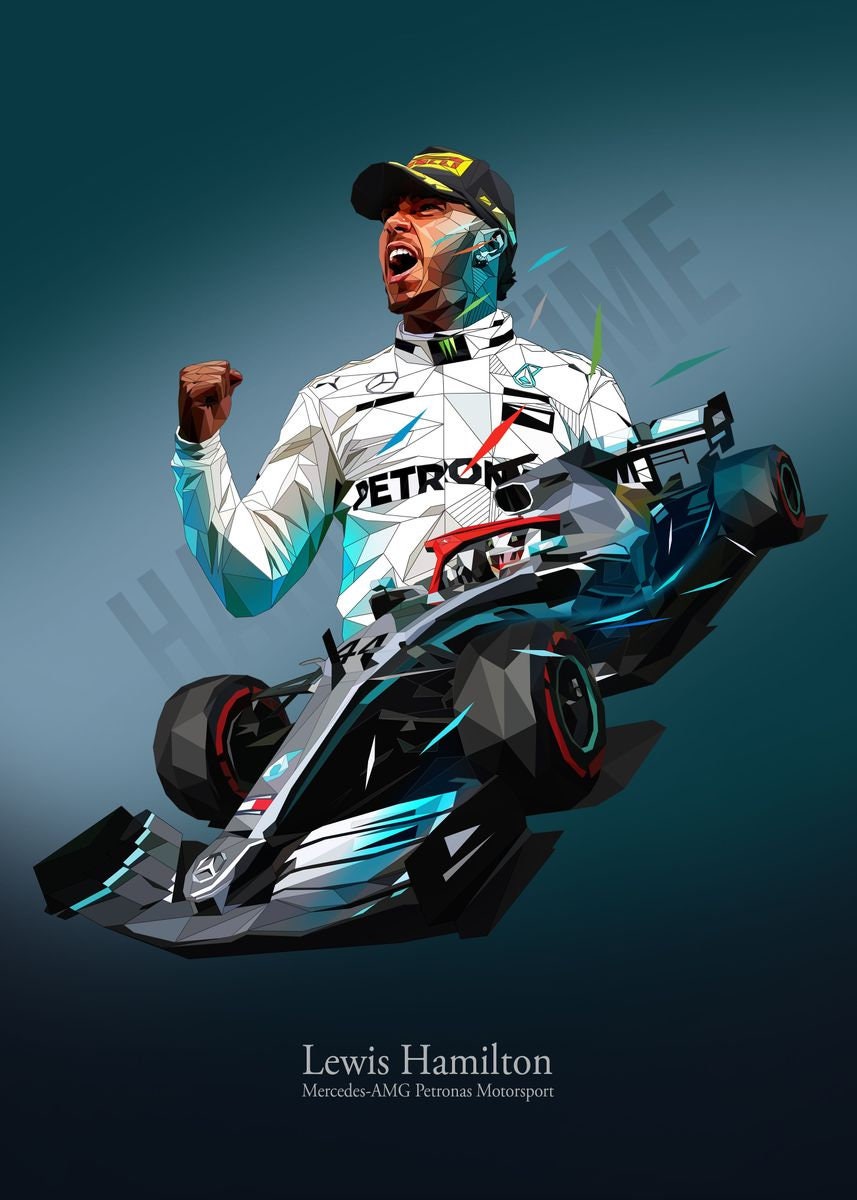 Lewis Hamilton jubelt in seinem Rennanzug, während sein Formel 1 Auto dynamisch im Hintergrund bewegt! Poster Formel 1 Rennfahrer Rennwagen Lewis Hamilton I Deko Print ohne Rahmen von justgoodmood.