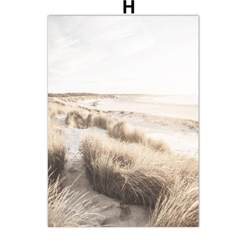 Sanfte Strandszene mit hohen Gräsern, perfekt für ein beruhigendes Ambiente zu Hause. Poster Pampasgras Beige Blätter von justgoodmood.