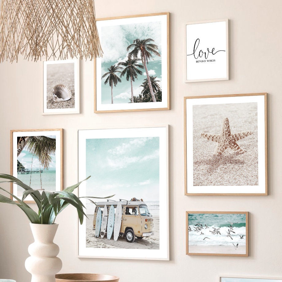 Poster Surfbrett Strand Buggy Palmen Meer I Wandbilder Wohnzimmer & Schlafzimmer I  Wand Deko I Kunst Druck I ohne Rahmen