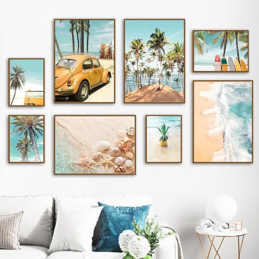 Poster Palmen Strand Muscheln Käfer Surfbretter Ananas I Wandbilder Wohnzimmer & Schlafzimmer I  Wand Deko I Kunst Druck I ohne Rahmen