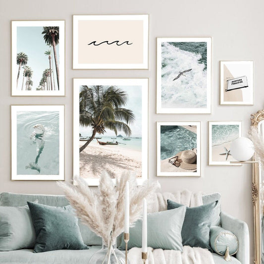 Poster Strand Wellen Meer Palmen Delfin Sonnenbrille Hut I Wandbilder Wohnzimmer & Schlafzimmer I  Wand Deko I Kunst Druck I ohne Rahmen