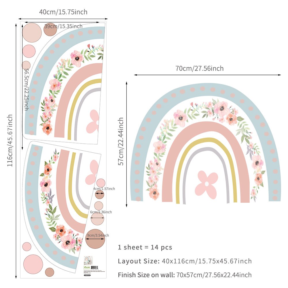 Sticker Kinderzimmer Wandaufkleber Boho Stil Regenbogen Blumen I Wand Deko I Wandtattoos I Babyzimmer Wand Deko I Sticker Set
