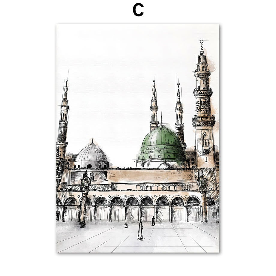 Ansprechendes Poster der Prophetenmoschee mit grünem Kuppeldach, ideal für eine spirituelle Atmosphäre in Ihrem Zuhause. Kunstwerk von justgoodmood, Titel: "Poster Islam Kaaba Koran".