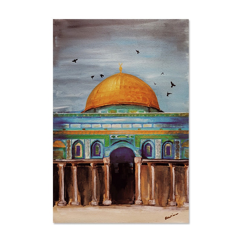 Wunderschönes Poster der Al-Aqsa Moschee mit goldener Kuppel und Säulen, ein Kunstwerk für eine inspirierende Atmosphäre, erhältlich bei justgoodmood. Poster Islam Al Aqsa Mosche Kaaba I Wandbilder.
