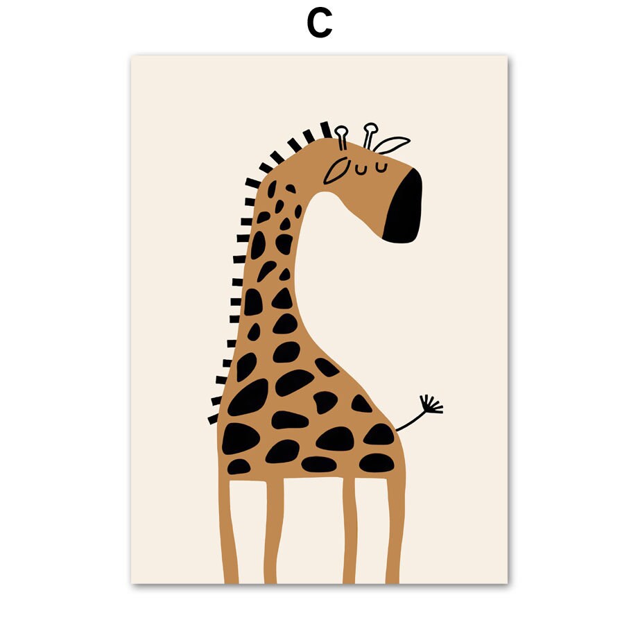 Hübsches Giraffenposter von justgoodmood: Stylisierte Giraffe mit schwarzem Fellmuster und fröhlichem Gesichtsausdruck, Teil der "Safari Abenteuer Löwe Giraffe" Kollektion.
