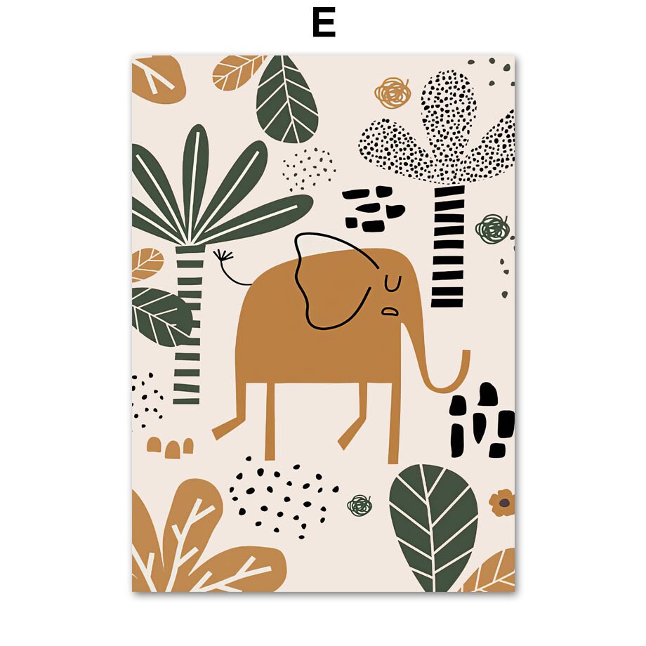 Safari Abenteuer Elefant Poster von justgoodmood fürs Kinderzimmer, zeigt einen lächelnden Elefanten umgeben von Pflanzen in warmen Farben.