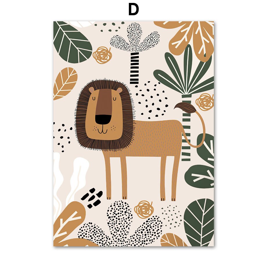Safari Abenteuer Löwe Poster von justgoodmood für die kreative Gestaltung des Kinderzimmers mit einem fröhlichen Löwen in einer bunten Dschungelkulisse.
