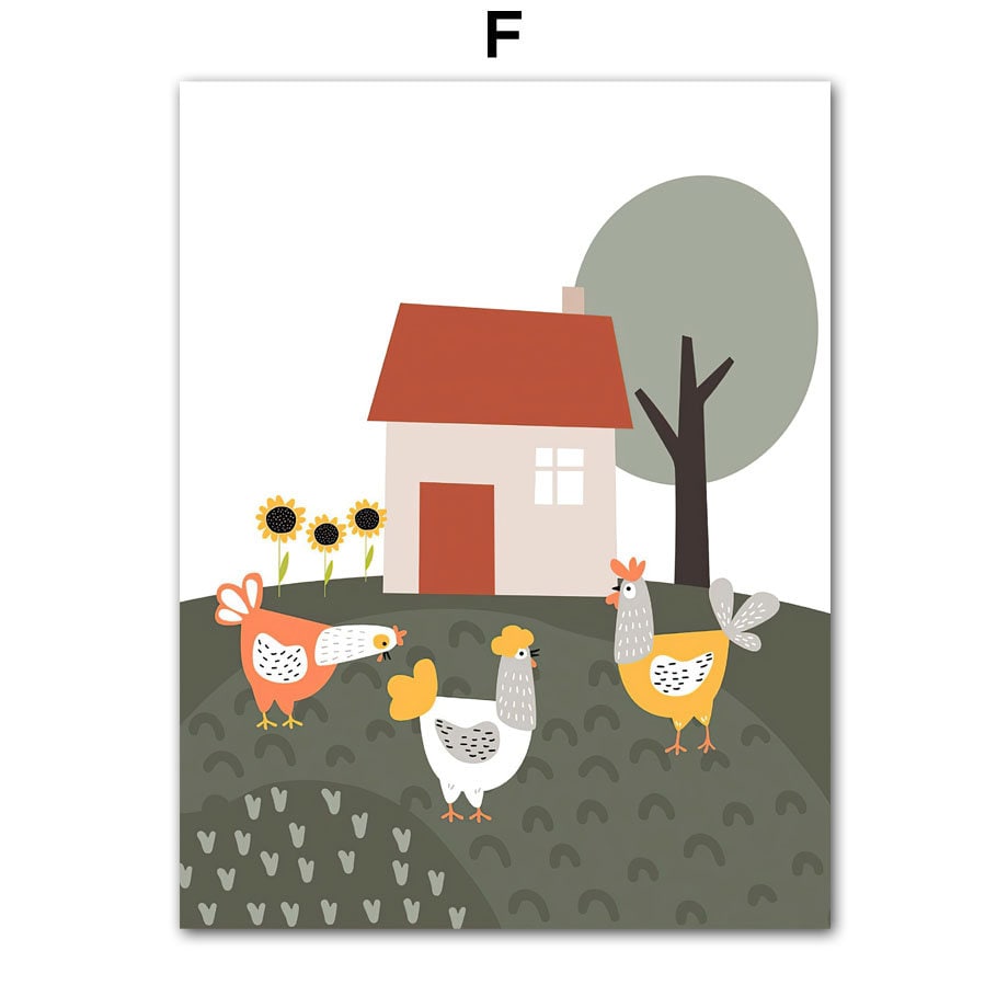 Buntes Bauernhof-Poster von justgoodmood mit Hühnern vor einem Haus und Sonnenblumen, das das Kinderzimmer fröhlich dekoriert. Poster Kinderzimmer Bauernhof Bauer Tiere Kuh Schwein Pferd Hahn.