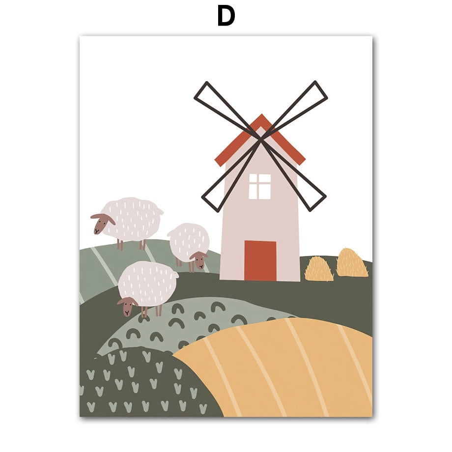 Charmantes Bauernhof-Poster von justgoodmood mit einer Windmühle und Schafen, ideal für eine verspielte Kinderzimmergestaltung. Poster Kinderzimmer Bauernhof Bauer Tiere Kuh Schwein Pferd Hahn.