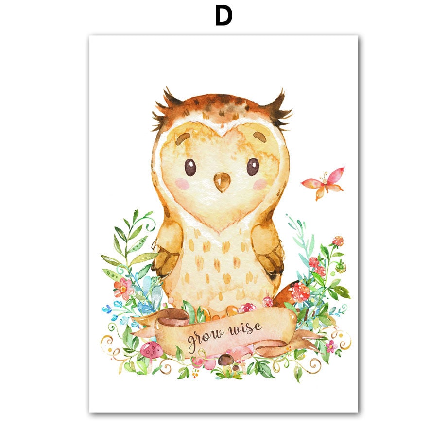 Hübsches Aquarellposter einer klugen Eule mit bunten Blumen, personalisiert von justgoodmood für Kinderräume, Poster Kinderzimmer Tiere Eule Bär Reh.