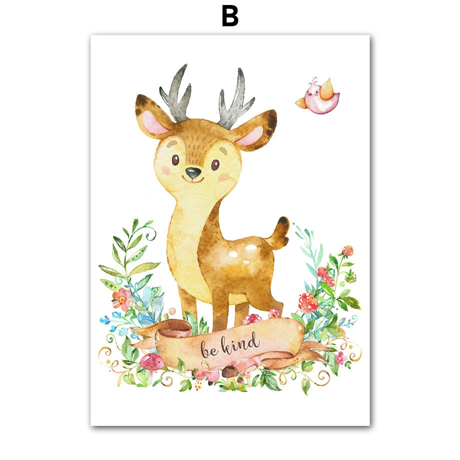 Niedliches Poster eines Rehs mit dem Motto 'be kind', perfekt für die Wandgestaltung im Kinderzimmer von justgoodmood. Ein personalisiertes Kunstwerk für kleine Herzchen.