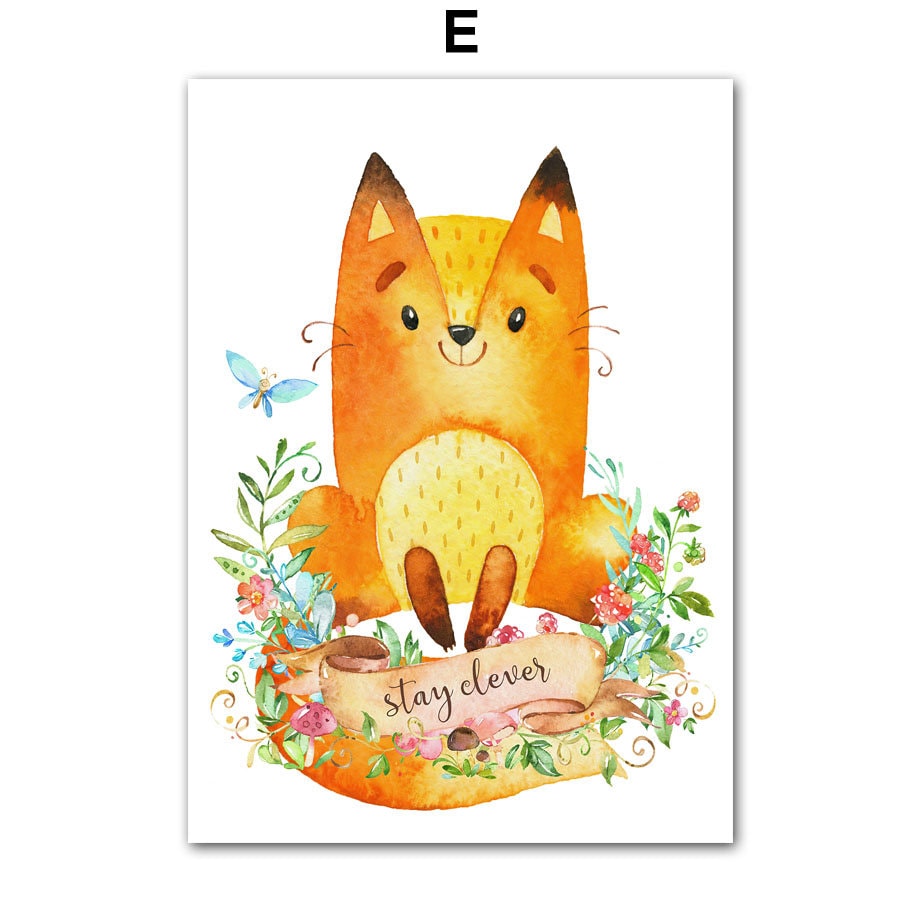 Freundliches Aquarellposter eines cleveren Fuchses umgeben von Pflanzen, personalisiert von justgoodmood, ideal für das Kinderzimmer mit dem Titel Poster Kinderzimmer Tiere Eule Bär Reh.