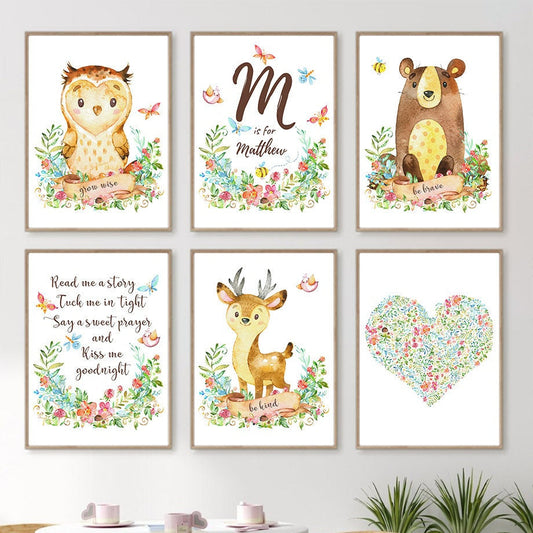 Poster Kinderzimmer Tiere Eule Bär Reh I Name Personalisiert I Kinderzimmer Bilder I Wand Deko I Kunst Druck I Deko Print I ohne Rahmen