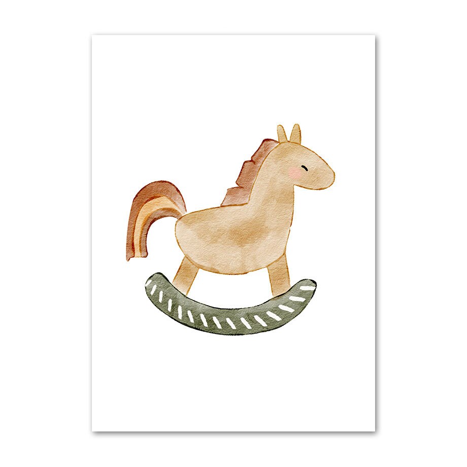Buntes Schaukelpferd im Posterdesign von justgoodmood. Perfektes Wandbild für Kinderzimmer, das Spiel und Freude verkörpert.