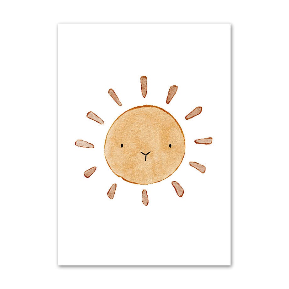 Sonniges Lächeln auf einem Poster von justgoodmood. Fröhliche Wandgestaltung für das Kinderzimmer, die gute Laune verbreitet.