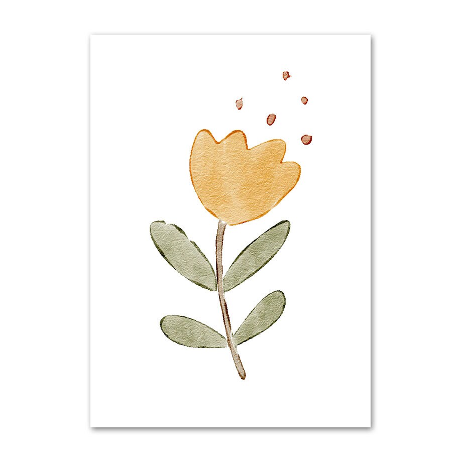 Wunderschönes Poster einer gelben Blume mit grünen Blättern. Ein liebevolles Dekor für jedes Kinderzimmer, entworfen von justgoodmood.