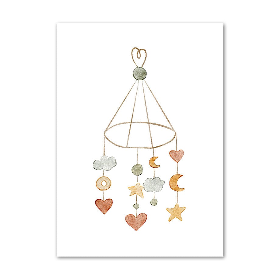 Fantasievolles Mobile-Poster mit einem Mobiles aus Herzen, Wolken, Monden und Sternen. Ideal für eine kreative und farbenfrohe Kinderzimmergestaltung von justgoodmood.