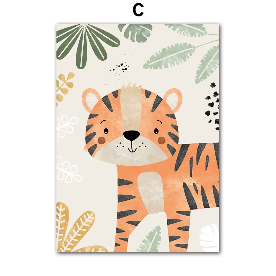 Verspieltes Tigerposter von justgoodmood. Dieses Dschungel-Themen Kunstwerk schafft eine lebendige und fröhliche Raumgestaltung für Kinderzimmer.