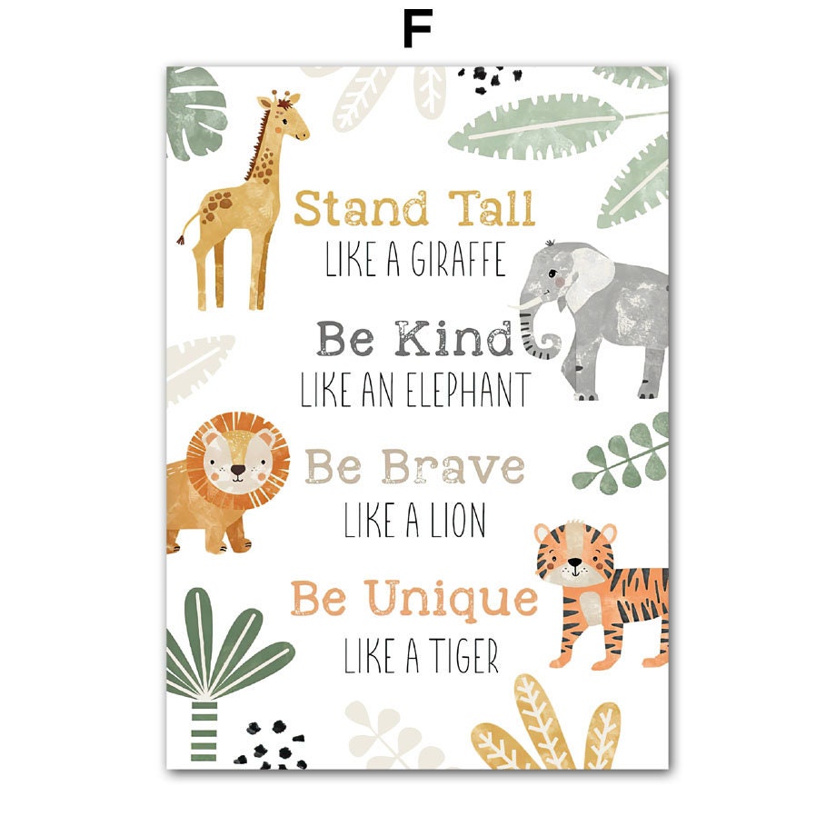 Inspirierendes Poster mit verschiedenen Lebensweisheiten über Tiere wie Giraffe, Elefant und Löwe, ideal für das Kinderzimmer. Entworfen von justgoodmood.