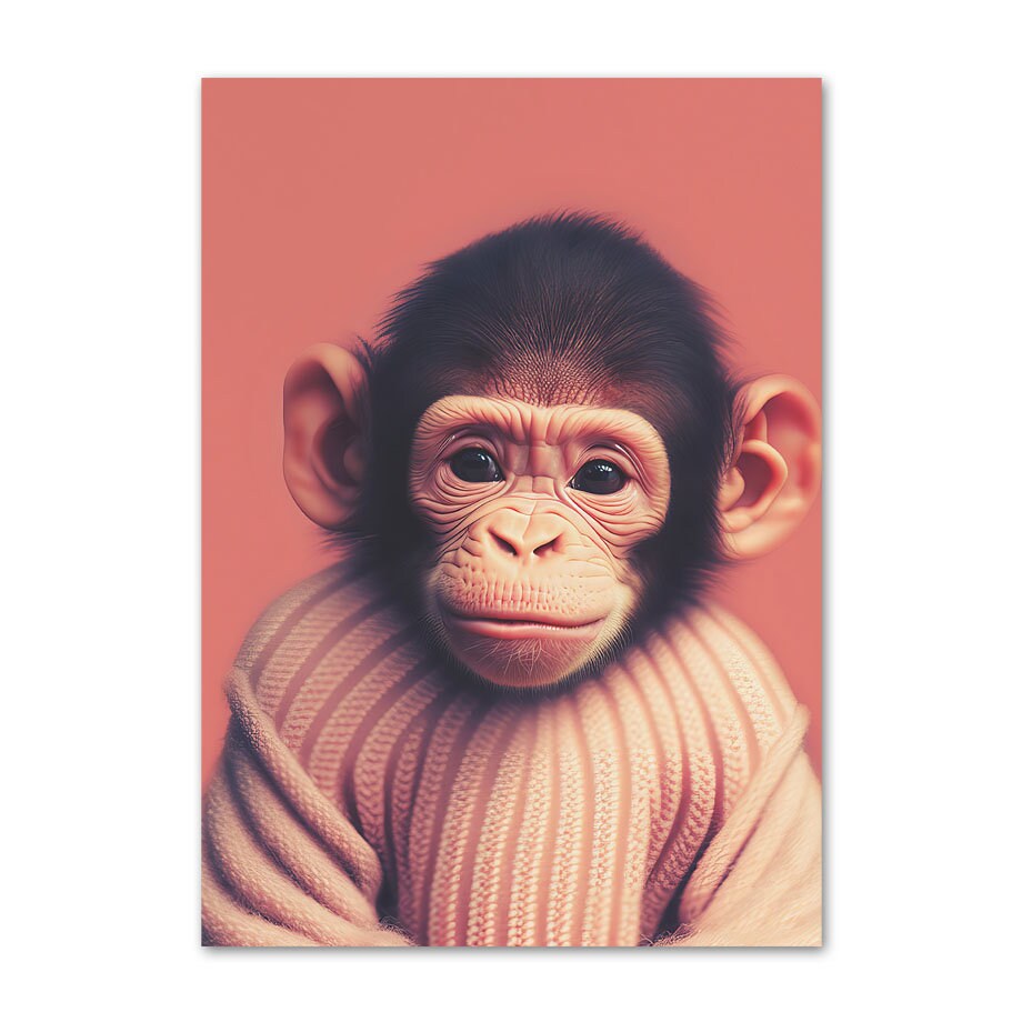 Niedliches Affen-Poster für das Kinderzimmer von justgoodmood mit einem bezaubernden Baby-Affen in einem gestrickten Pullover. Perfekte Wanddekoration für ein fröhliches Kinderzimmer.