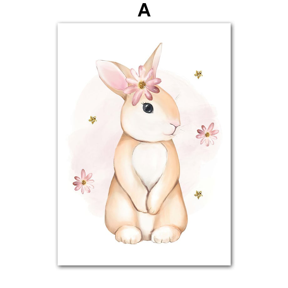 Wundervolles Poster eines Hasen mit einer Blume im Haar. Ideal für kinderfreundliche Räume. Deko von justgoodmood, personalisiertes Design für Kinderzimmer.