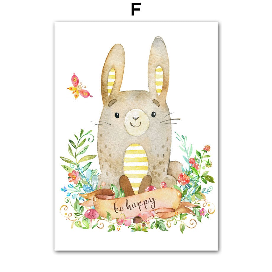 Lustiges Aquarellposter eines glücklichen Hasen mit bunten Blumen, personalisiert von justgoodmood für das Kinderzimmer, Poster Kinderzimmer Tiere Eule Bär Reh.
