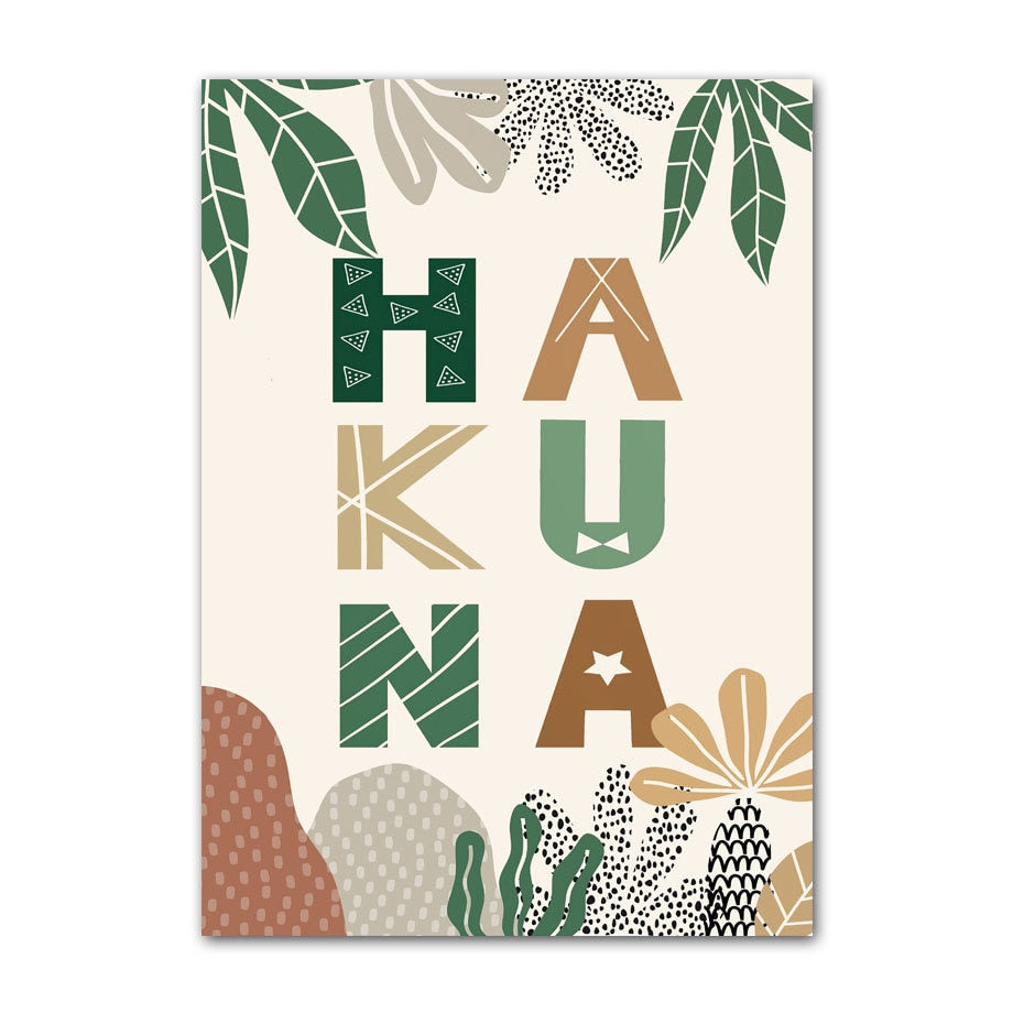 Ansprechendes Hakuna Matata Poster mit bunten Buchstaben für das Kinderzimmer von justgoodmood - Motivationskunst.