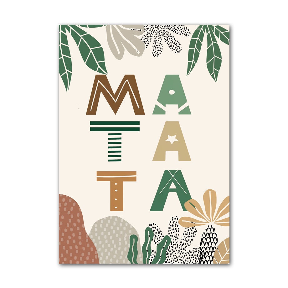 Buntes Poster mit dem Motto 'Hakuna Matata' und verschiedenen Pflanzen für das Kinderzimmer, ideal für eine fröhliche Wanddekoration von justgoodmood - Poster Kinderzimmer Dschungel Tiere.