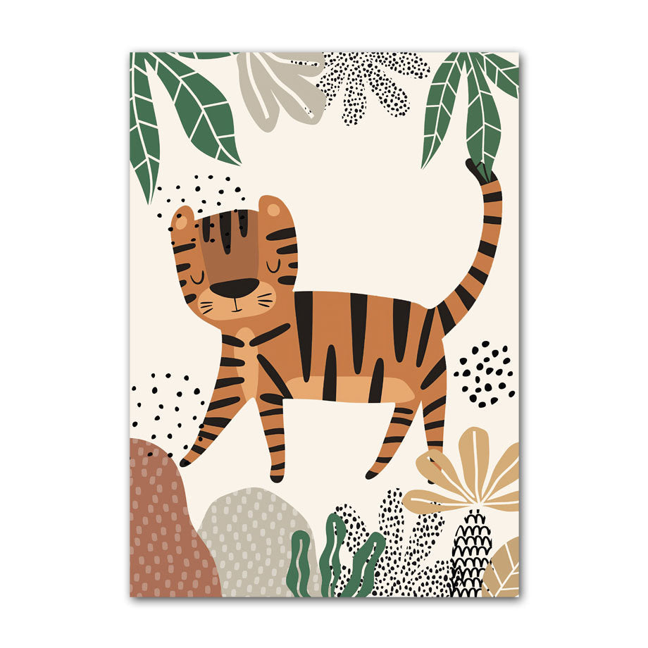 Charmantes Tiger-Poster im Dschungel-Look für das Kinderzimmer, das Freude und Kreativität bringt, ideal für eine lebhafte Wandgestaltung von justgoodmood - Poster Kinderzimmer Dschungel Tiere.