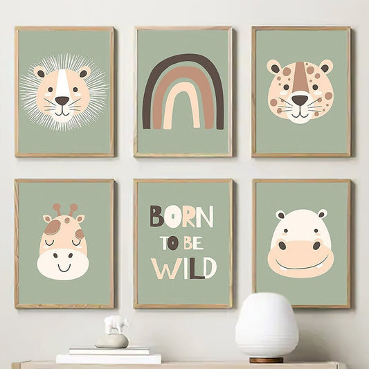 Farbenfrohes Poster mit Dschungel Tieren im Kinderzimmer-Stil von justgoodmood - perfekt für die Wanddekoration und das Kinderzimmer.