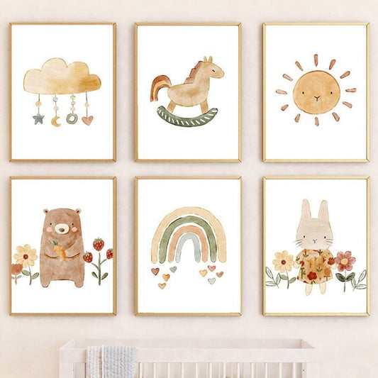 Poster Kinderzimmer Tiere Sonne Regenbogen I Kinderzimmer Bilder I Wand Deko I Kunst Druck I Deko Print I ohne Rahmen