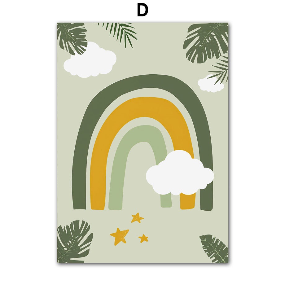 Farbenfrohes Regenbogenmotiv mit Wolken und Blättern von justgoodmood, perfektes Poster für die kreative Wandgestaltung im Kinderzimmer.