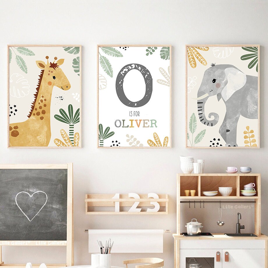 Poster Kinderzimmer Tiere Dschungel I Name Personalisiert I  Kinderzimmer Bilder I Wand Deko I Kunst Druck I Deko Print I ohne Rahmen