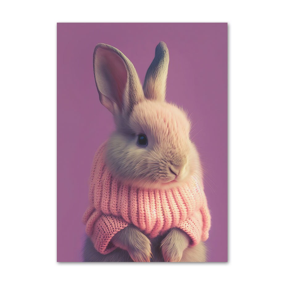 Niedliches Poster von justgoodmood mit einem süßen Hasen in einem rosa Pullover, perfekt für ein Kinderzimmer. Kinderzimmer Tiere Fuchs Elefant Bär Nashorn Erdmännchen Kunst Druck.