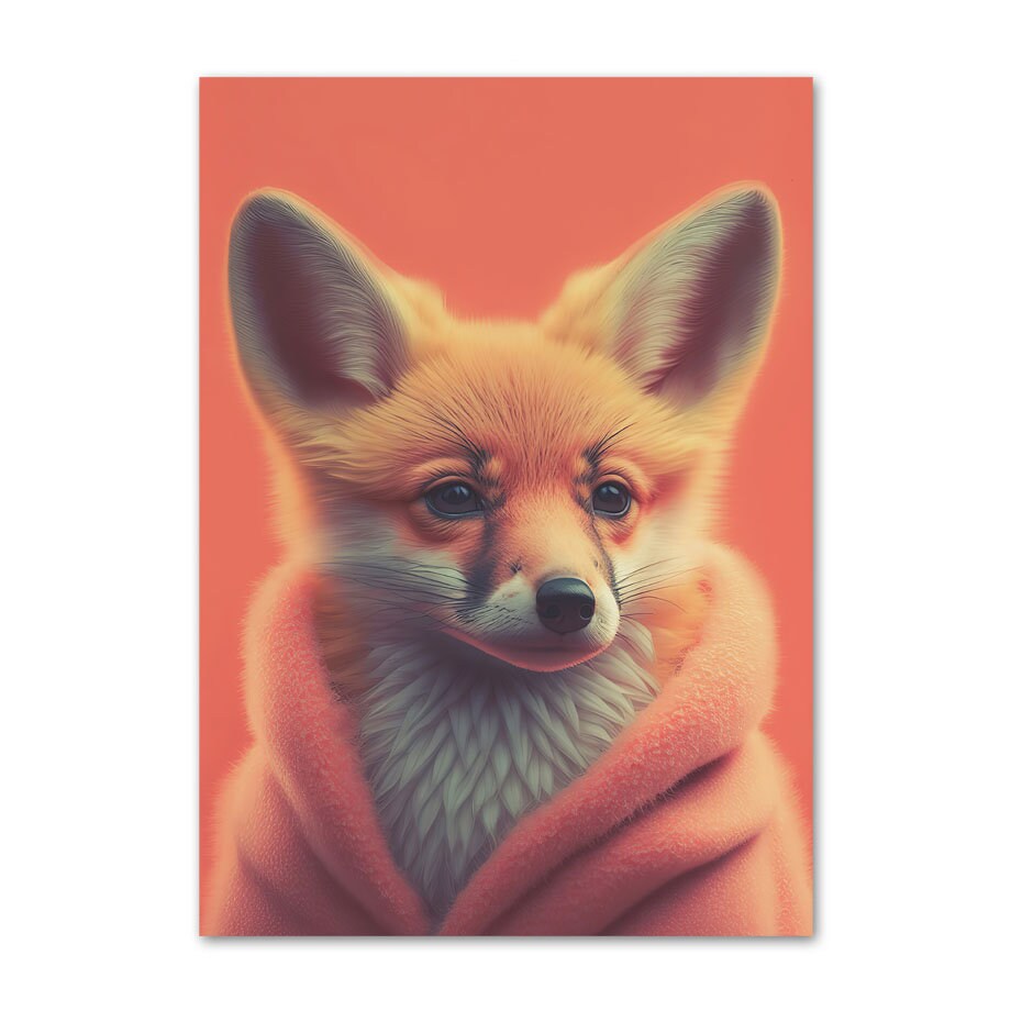 Charmantes Poster von justgoodmood mit einem Fuchs in einem orangefarbigen Mantel, ideal für die Wanddekoration eines Kinderzimmers. Kinderzimmer Tiere Fuchs Elefant Bär Nashorn Erdmännchen Kunst Druck.