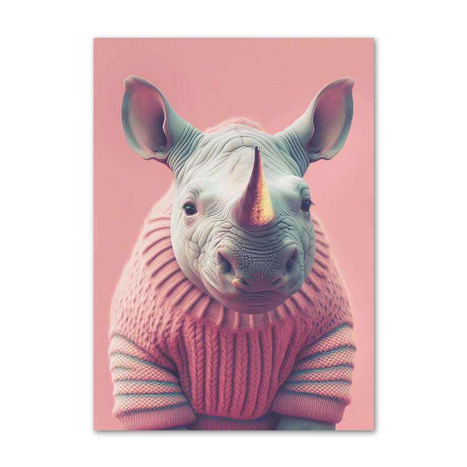 Witziges Poster von justgoodmood, das ein Nashorn in einem rosa Pullover zeigt – eine tolle Ergänzung für das Kinderzimmer. Kinderzimmer Tiere Fuchs Elefant Bär Nashorn Erdmännchen Kunst Druck.